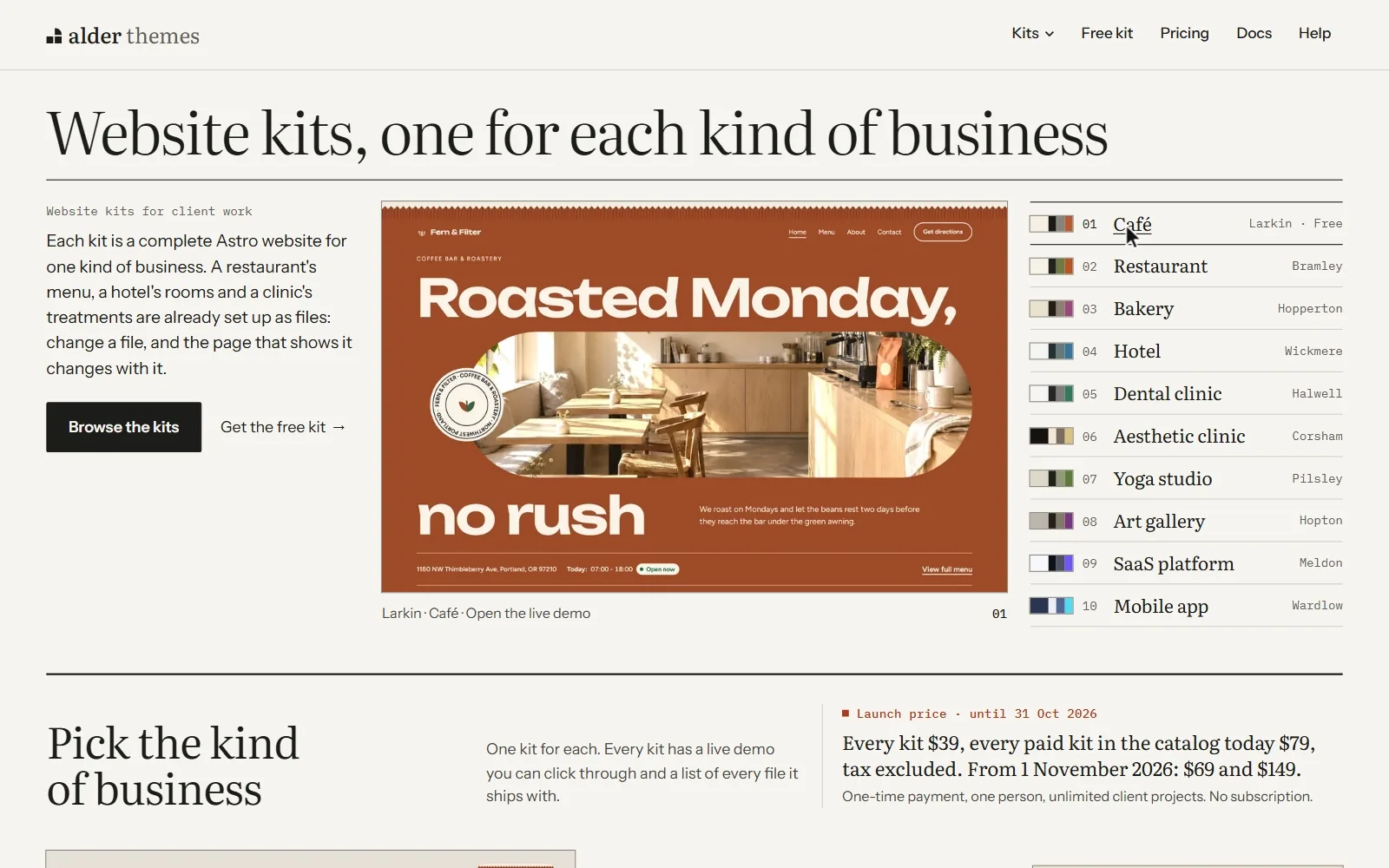 The alderthemes.com home page. The cursor moves down the kit list and the preview switches from Larkin, the café kit, to Bramley, the restaurant kit, to Pilsley, the yoga studio kit.